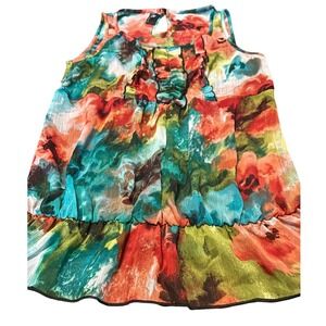 Women Multi Color Abstract Floral Ruffle Sleeveless Blouse Chiffon Top L